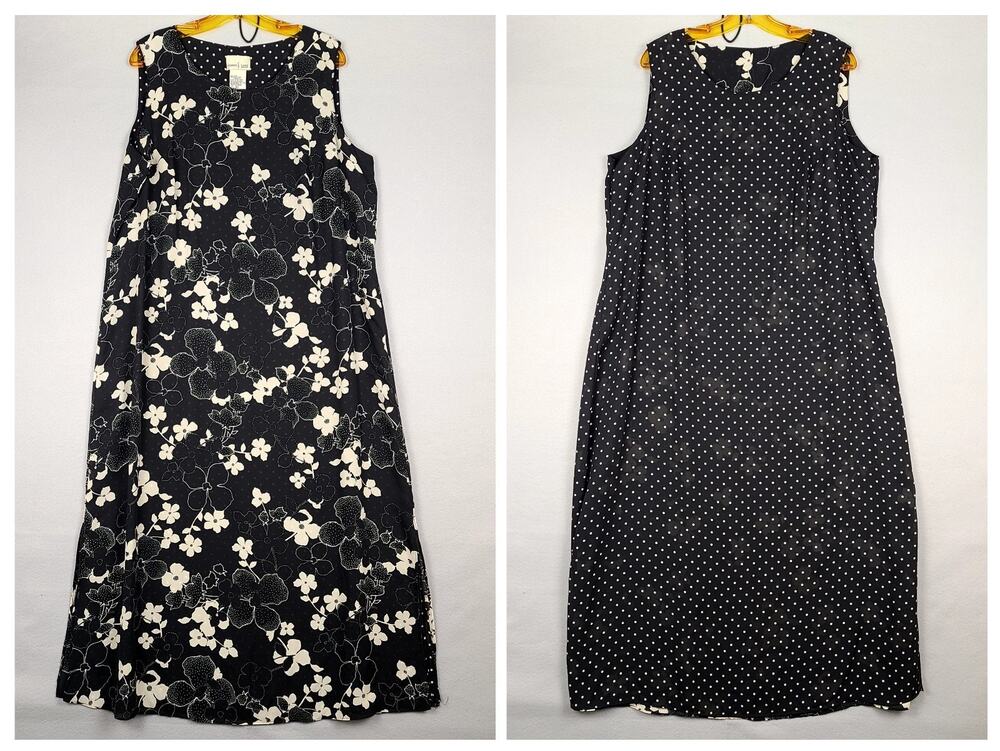 Vintage 90s Studio Ease Reversible Floral Polka Dot Maxi Dress 18W Black White